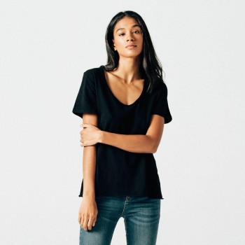 Black Plain Half Sleeves V-neck T-Shirt For Women
