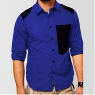 Royal Blue Shirt with Black Big Pocket and Aplics on Shoulers