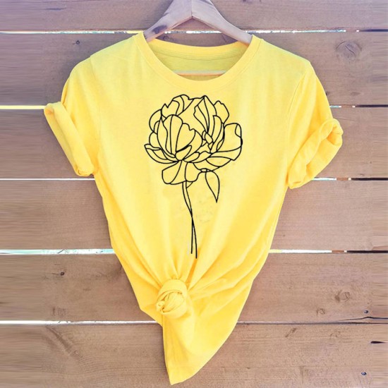 Flower Design Yellow Half Sleeves T-Shirt For Women