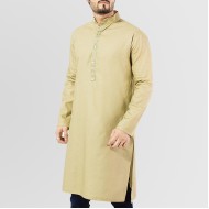 Beige Cotton Kurta with Front Emroidery
