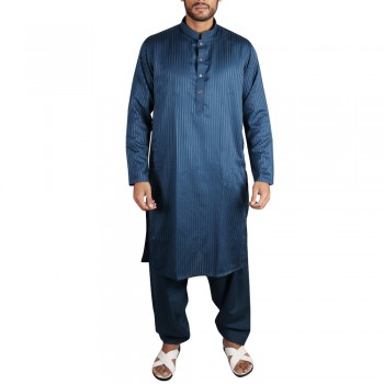 Blue Sherwani Collar Stripes Shalwar Suit