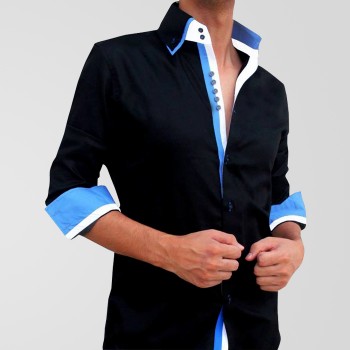 Black Casual Shirt With Blue & White Stripes