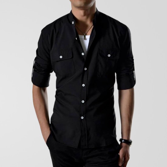 Black Casual Shirt With White Buttons