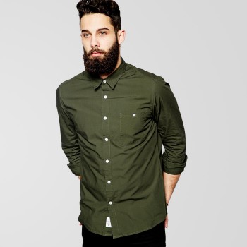 Army Green Casual Shirt With White Button