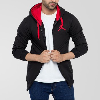 Black Fleece Stylish Zipper Hoodie With Red Contrast